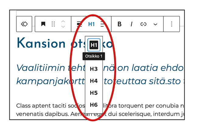 Esimerkkikuva otsikkotyylin valinnasta verkkosivuilla